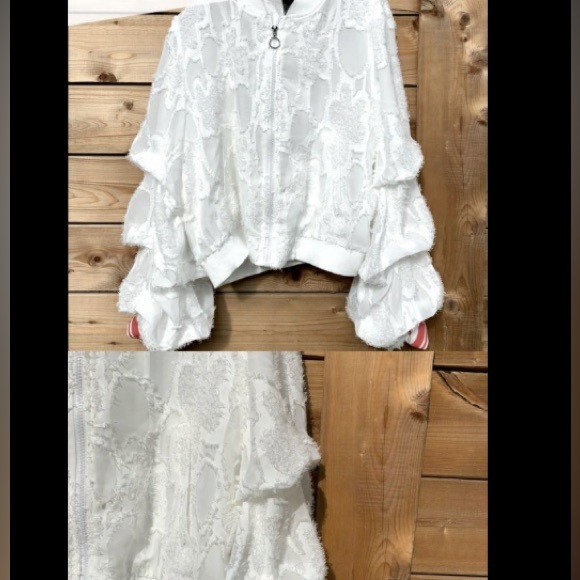 White embroidered zipper jacket with red & white on sleeves - Picture 8 of 8